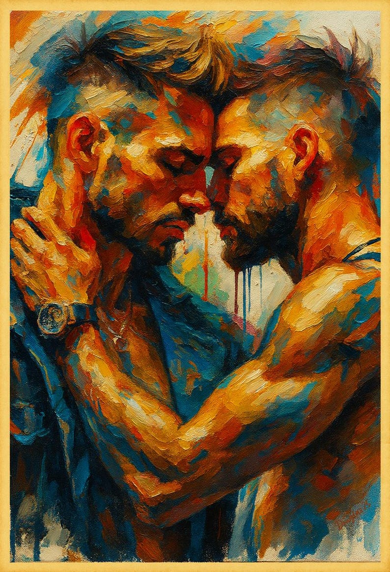May include: A vibrant painting shows two men in an embrace, their faces touching. The artwork uses warm oranges, blues, and yellows, with visible brushstrokes. One man wears a watch. The overall theme is intimacy and connection.