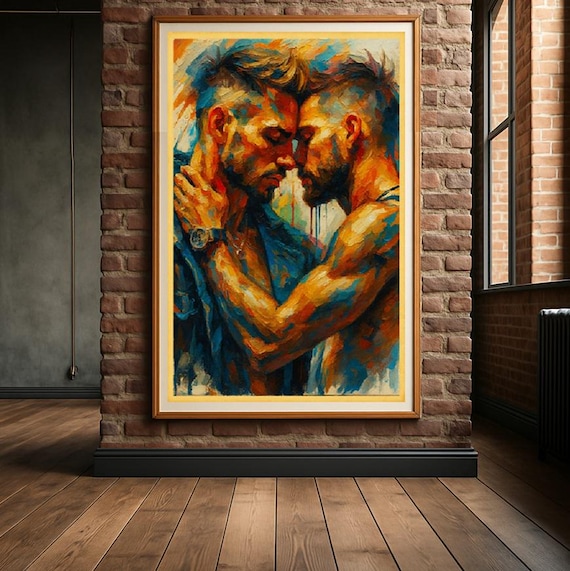Rolex Lovers | Gay Couple Embrace Art Print | LGBTQ Intimate Lovers Painting | Queer Romance Digital Wall Art | Pride Home Decor