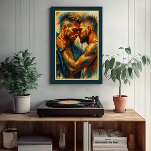 May include: A colourful framed print showing two men in an embrace, with shades of orange, blue, and yellow. The artwork hangs above a wooden shelf with a record player, plants, and books. The scene has a modern, artistic feel.