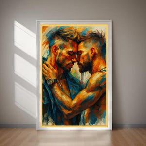 May include: An art print showing an abstract painting of two men in an embrace. The artwork uses a vibrant palette of blues, oranges, and yellows. One man wears a watch and a denim jacket. The painting is framed in a white frame with a gold border.