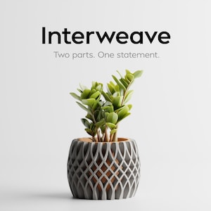 May include: A small potted plant with green leaves sits in a gray and white patterned pot. The pot has a unique woven design. The text "Interweave" and "Two parts. One statement." are displayed above the plant.