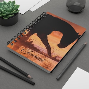 Sunset Horse Spiral Bound Journal, Soft Inspirational Peaceful Diary, Lined Pages, Horse Drinking at Lake Notebook, Equestrian Gift,