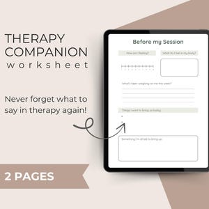 Könnte beinhalten: Ein digitales Arbeitsblatt auf einem Tablet mit dem Titel "Therapy Companion Worksheet". Das Arbeitsblatt enthält Aufforderungen zur Vorbereitung auf Therapiesitzungen, wie z. B. "Wie fühle ich mich?" und "Was fühle ich in meinem Körper?". Der Text "Vergessen Sie nie wieder, was Sie in der Therapie sagen wollen!" ist ebenfalls sichtbar.