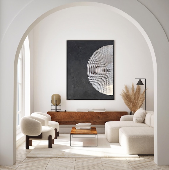 Abstract Wall Art: Black and White Textured Painting (Oversized, Framed)