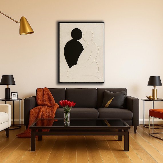 Abstract Textured Painting of Couple, Original - Love Series - Black and White