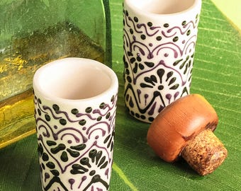 Handmade Talavera Shot Glasses (Set of 4) | Mexican Black Lace Tequileros