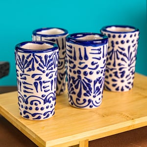Set of 4 Talavera Shot Glasses | 2oz Handmade Tequilero for Wedding Favors, Groomsmen Gifts | Authentic Mexican Pottery, Blue Lace Design