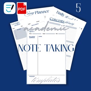 May include: A collection of white academic note-taking templates with dark blue text. The pages feature headers including Essay Planner, Daily to-do, Concepts library, Lecture notes, and Note Taking, with sections for key points, notes, and summaries.