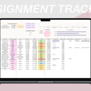May include: A laptop screen displaying an Assignment Tracker digital dashboard. The interface features a table with columns for assignment, type, class, due date, time left, priority, progress, and notes, alongside a pie chart and bar graphs.