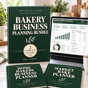 May include: A dark green business planning bundle set featuring a large vertical book and two smaller horizontal planners. The covers display the text The Healey Farm, Bakery Business Planning Bundle, 2 Complete Systems, PDF + Excel, Home Bakery Business Planner, and Market Bake Planner. A laptop screen shows a bakery business dashboard with charts and financial data.