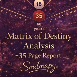 Op de afbeelding: Een digitale illustratie van een Matrix of Destiny Analysis-kaart met een hemelse achtergrond. De kaart bevat onderling verbonden cirkels met getallen, geometrische lijnen en de tekst "Matrix of Destiny Analysis +35 Page Report Soulmapy."