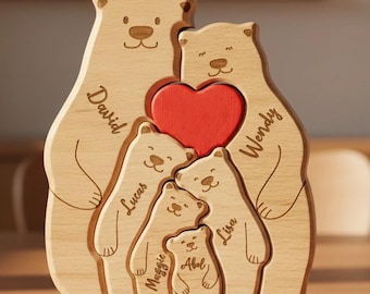 Puzzle famille personnalisé ours, nom de famille gravé, cadeau puzzle ours en bois, décoration familiale personnalisée, cadeau pour maman, cadeau d'anniversaire