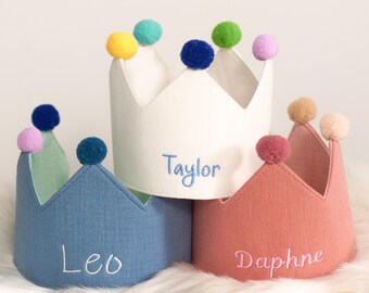 Couronne brodée à la main pour bébé, chapeau premier anniversaire de bébé, couronne en lin personnalisée, cadeau de baby shower personnalisé, cadeau de naissance, chapeau d'anniversaire pour enfant
