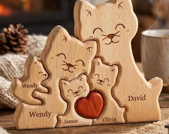 Puzzle de chat en bois personnalisé, puzzle de nom de famille personnalisé, décoration de famille en bois, cadeau pour amoureux des chats, cadeau de pendaison de crémaillère, puzzle de chat personnalisé