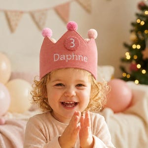 May include: A dusty pink felt crown featuring the name Daphne embroidered in white thread and a circular patch with the number 3. The crown is adorned with small pink pom-poms along the top edge, creating a festive accessory for a birthday celebration.