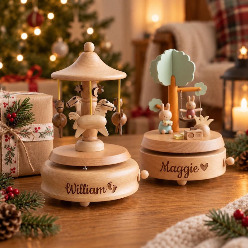 Personalized Wooden Music Box, Custom Name Carousel Music Box, Baby Shower Gift, Newborn Keepsake, First Christmas Gift image 8