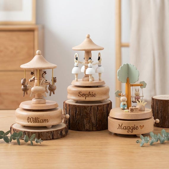 Personalized Wooden Music Box, Musical Wooden Ballerina Carousel, Custom Name Engraved Carousel, Baby Shower Gift, Birthday Gift for Kids