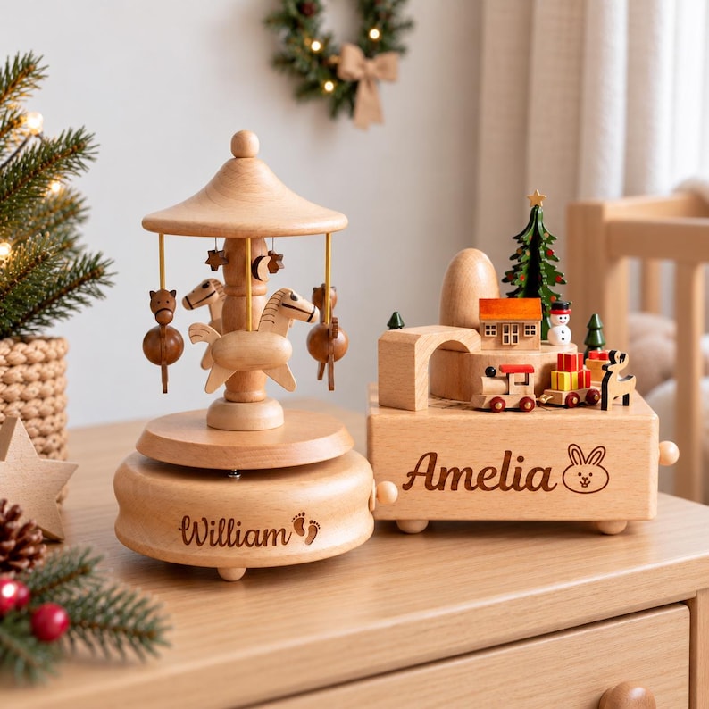 Personalized Wooden Music Box, Custom Name Carousel Music Box, Baby Shower Gift, Newborn Keepsake, First Christmas Gift image 9