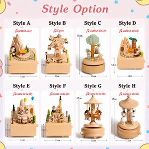 May include: A collection of eight wooden music boxes labeled Style A through H. Each box features miniature scenes including trains, ferris wheels, swings, castles, and carousels. Dimensions are marked as 5.2cm, 11cm, 15cm, and 17cm.