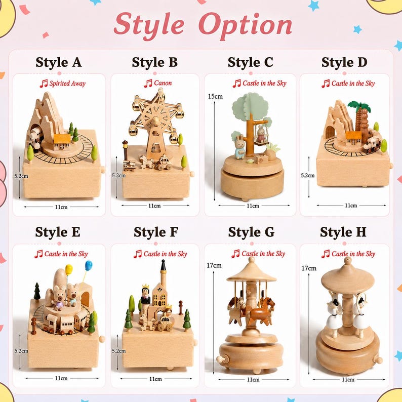 May include: A collection of eight wooden music boxes labeled Style A through H. Each box features miniature scenes including trains, ferris wheels, swings, castles, and carousels. Dimensions are marked as 5.2cm, 11cm, 15cm, and 17cm.