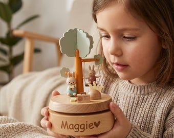 Personalized Wooden Music Box, Musical Wooden Ballerina Carousel, Custom Name Engraved Carousel, Baby Shower Gift, Toddle Birthday Gift