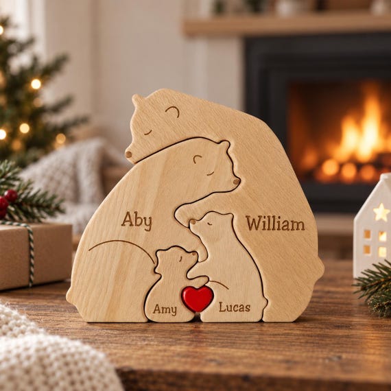 Personalized Bear Family Puzzle, Custom Name Wooden Puzzle, Family Christmas Gift, Engraved Keepsake, Personalized Famil