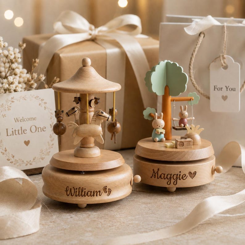 May include: Two wooden music boxes. The left one is a carousel with horses, stars, and moons, engraved with the name William and baby footprints. The right one features a tree, a rabbit, and a swing, engraved with the name Maggie and a heart.