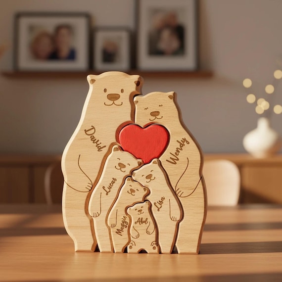 A family of engraved wooden bears assembled as a puzzle — each bear is a family member, creating a charming keepsake that's part toy, part art, and completely one-of-a-kind.