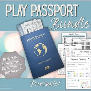 May include: A blue passport with a gold globe design and the words "Adventure Awaits" is featured in this image. The passport is part of a "Play Passport Bundle" with printable boarding passes, baggage tags, passport stamps, and a traveler's checklist. The word "Printable!" is also visible.