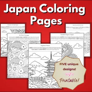 Puede incluir: Fondo rojo con el texto "Japan Coloring Pages" en blanco. La imagen presenta cinco páginas para colorear imprimibles en blanco y negro con temas japoneses, incluyendo peces koi, pagodas y dragones. También está presente el texto "FIVE unique designs! Printable!".