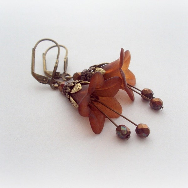 Hot Chocolate Vintage Earrings. Frosted Lucite Flower Earrings.