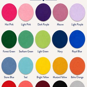 May include: A color chart with 20 circular color swatches, including Hot Pink, Light Pink, Dark Purple, Mauve, Light Purple, Forest Green, Seafoam Green, Light Green, Navy, and Royal Blue. Text reads "COLOR OPTIONS".