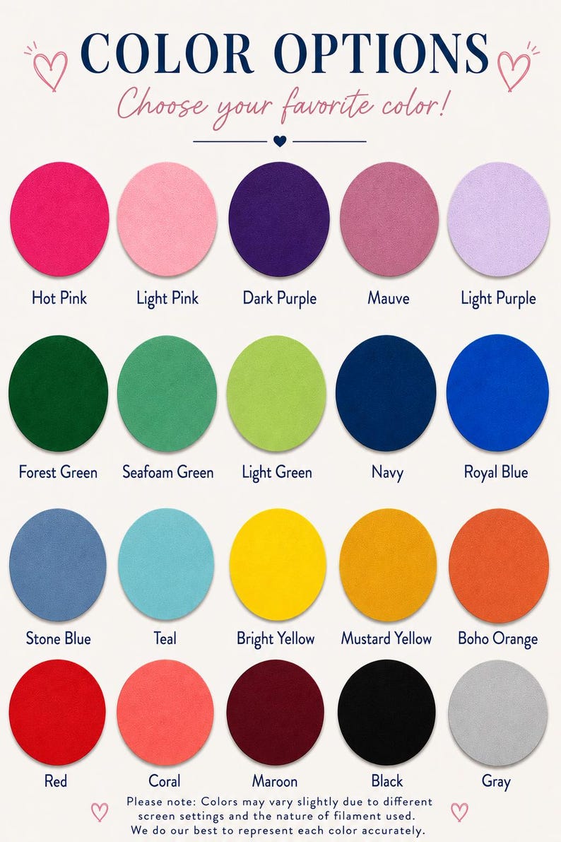 May include: A color chart with 20 circular color swatches, including Hot Pink, Light Pink, Dark Purple, Mauve, Light Purple, Forest Green, Seafoam Green, Light Green, Navy, and Royal Blue. Text reads "COLOR OPTIONS".