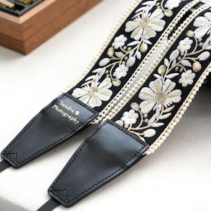 Correa de cámara floral personalizada / Estampada en lámina dorada, correa de poliéster y algodón, correa vintage para fotógrafos