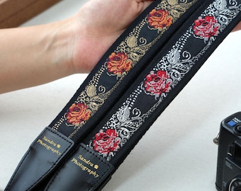 Vintage Floral Camera Strap | Gold Foil Stamped, Polyester & Anti-Slip Fabric, Personalized Strap for Photographers