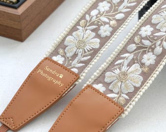 Gepersonaliseerde camerariem met bloemen | Goudfoliestempel, polyester en katoenen band, vintage bandje voor fotografen