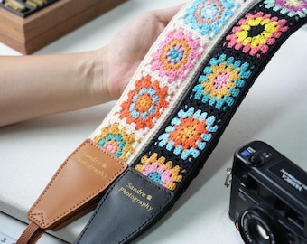 Correa de cámara cuadrada de ganchillo "Abuela" / Estampada en lámina dorada, cinta de algodón, correa personalizada para fotógrafos