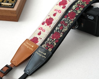 Vintage Floral Camera Strap | Gold Foil Stamped, Polyester & Anti-Slip Fabric, Personalized Strap for Photographers