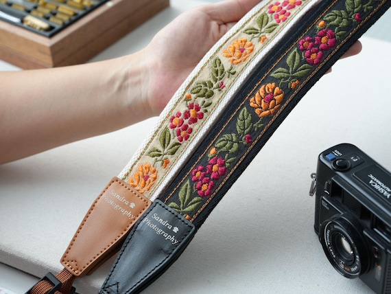 Personalized Floral Camera Strap | Gold Foil Stamped, Polyester & Anti-Slip Fabric, Vintage Strap for Photographers