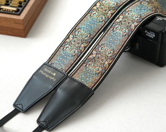Embroidered Camera Strap | Gold Foil Stamped, Polyester & Anti-Slip Fabric, Personalized Vintage Strap for Photographers