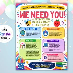 Op de afbeelding: Een kleurrijke flyer met de titel WE NEED YOU! voor een oudervereniging, voorzien van een illustratie van een bij en een appel. Het bevat secties voor Who We Are, Our Mission, Why Join, How to Join en Questions, met potloden en boeken.