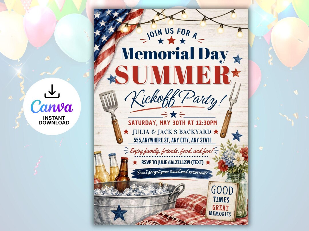 Memorial Day BBQ Editable Invitation Digital Download Patriotic Party ...