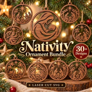 Può includere: Una collezione di ornamenti circolari in legno con scene della natività e un angelo tagliati al laser. Il testo recita Nativity Ornament Bundle, 30+ Designs e Laser Cut SVG. Ogni ornamento ha una finitura in legno marrone e un cordino.