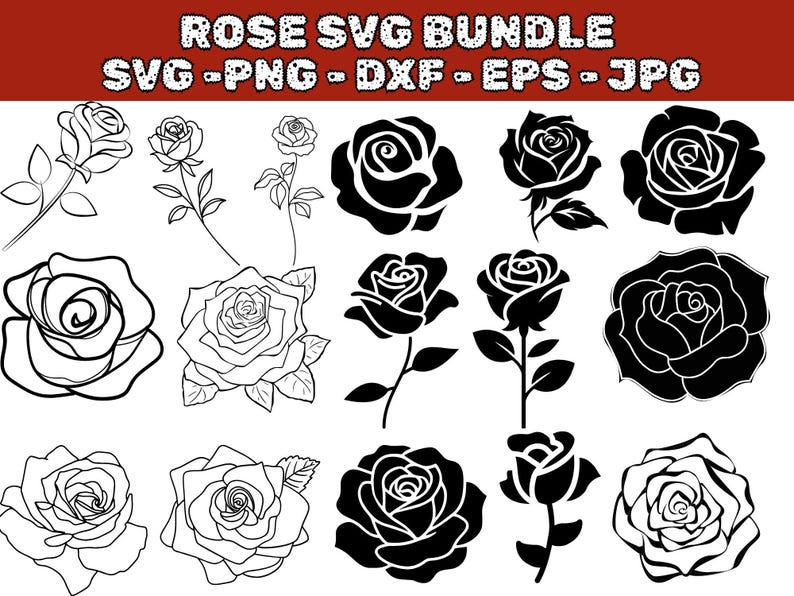 Rose Outline SVG Bundle: Flower Vectors, Cricut Cut File (digital ...