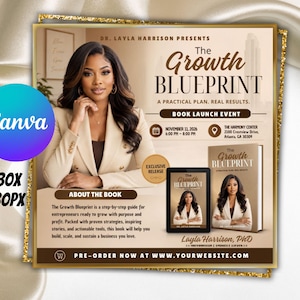 Puede incluir: Un folleto promocional para el lanzamiento del libro The Growth Blueprint de la Dra. Layla Harrison. El diseño presenta un retrato de la autora, una tableta digital y la portada del libro, todos titulados The Growth Blueprint, con detalles.