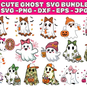 Peut inclure: Ensemble d'illustrations de fantômes mignons, certains avec des nœuds, des chapeaux et tenant des boissons et des citrouilles. Le texte "CUTE GHOST SVG BUNDLE" est en haut, avec des options de type de fichier en dessous.