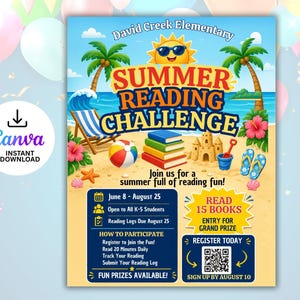 Peut inclure: Une affiche colorée pour le "Summer Reading Challenge" à David Creek Elementary. La conception présente une scène de plage avec un soleil, des palmiers et un château de sable. L'affiche comprend du texte sur le défi, les dates et la participation.