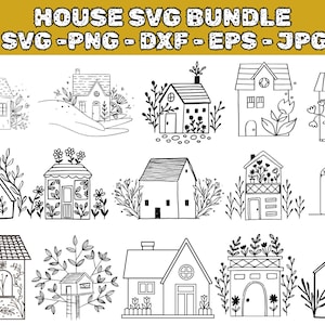Può includere: Una collezione di illustrazioni di case in bianco e nero, perfette per la creazione digitale. I disegni includono vari stili di case, alcuni con accenti floreali e la parola "Home". Il testo "HOUSE SVG BUNDLE" è in alto.