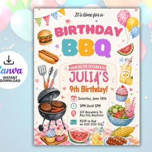 Könnte beinhalten: Eine farbenfrohe Geburtstagseinladung zum Grillen mit dem Text "It's time for a BIRTHDAY BBQ". Die Einladung enthält Illustrationen von einem Hamburger, Hotdog, Grill, Wassermelone und Cupcakes. Für Julias 9. Geburtstag.