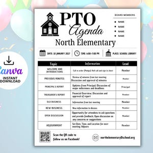 May include: A white document titled PTO Agenda North Elementary with a black schoolhouse icon. It includes sections for board members, date, time, place, and a table listing topics like welcome, minutes, reports, and adjournment, plus a QR code and email.